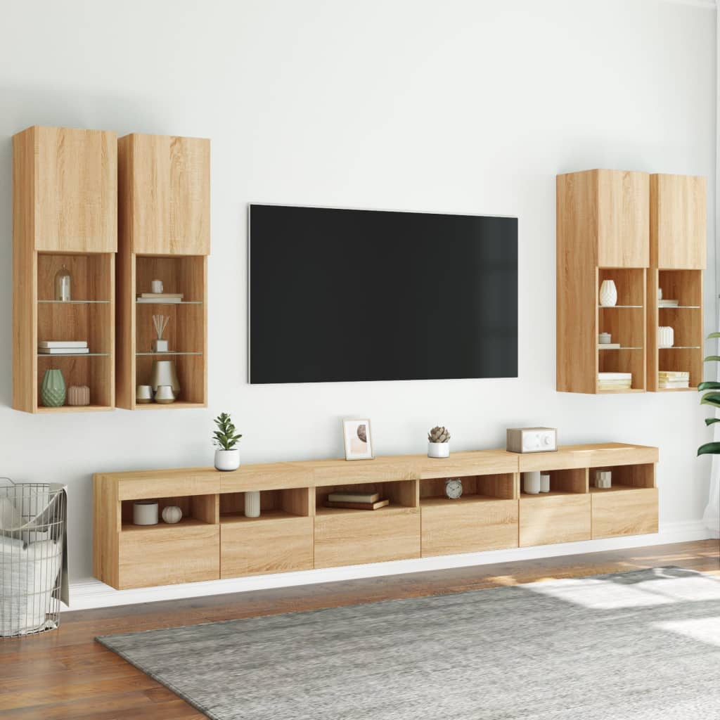 Sienas TV skapīši ar LED gaismām, 7 gab., ozolkoka krāsā