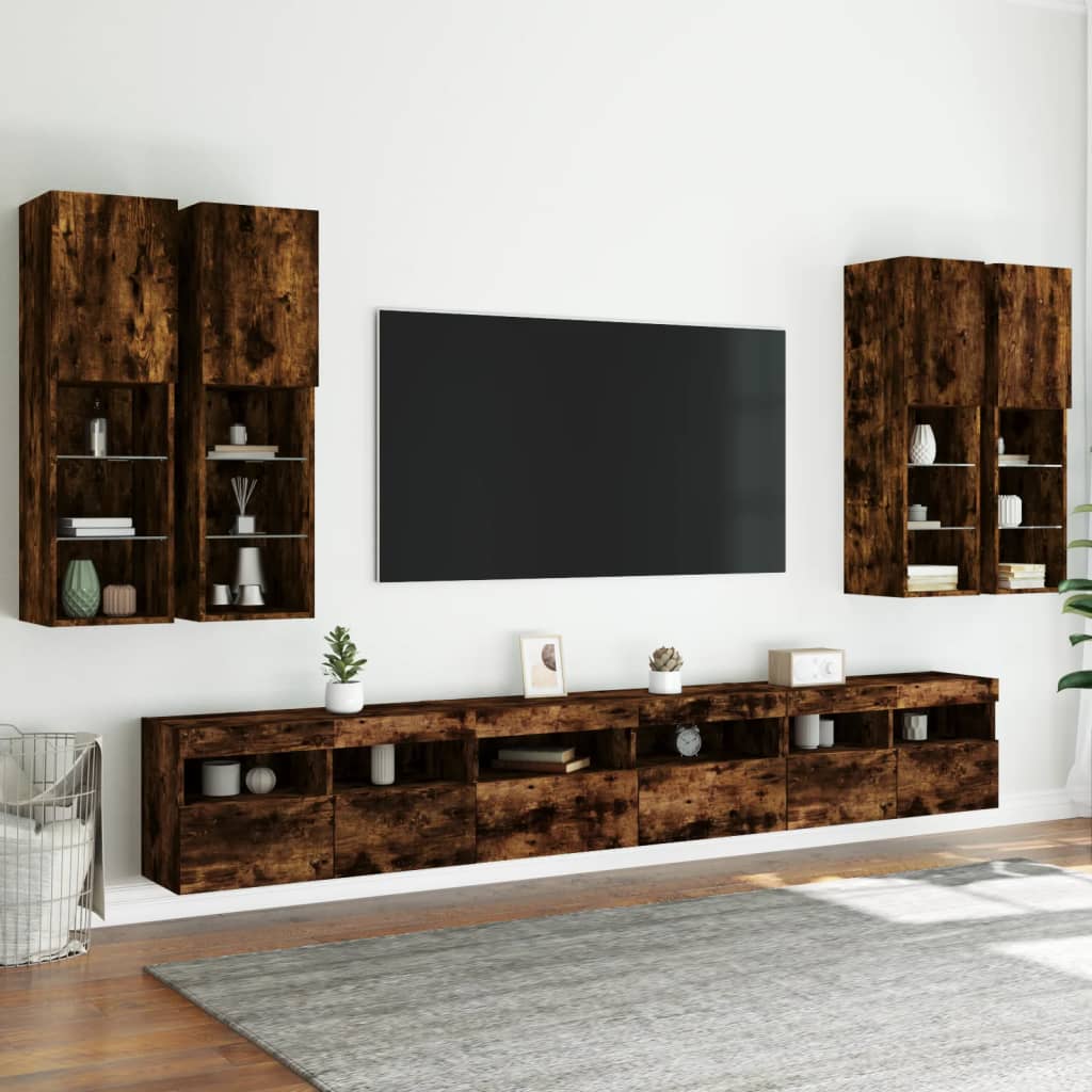 Sieninės TV spintelės su LED lemputėmis, 7vnt., dūminės ąžuolo