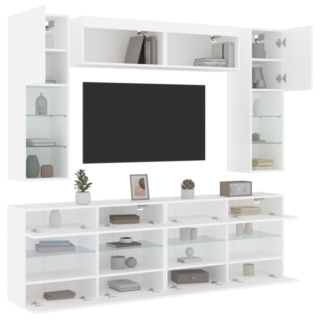 Sieninės TV spintelės su LED lemputėmis, 6vnt., baltos spalvos