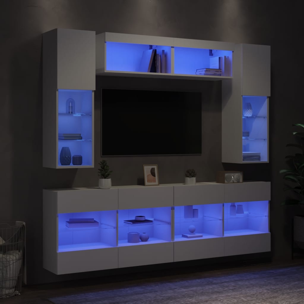 Sieninės TV spintelės su LED lemputėmis, 6vnt., baltos spalvos