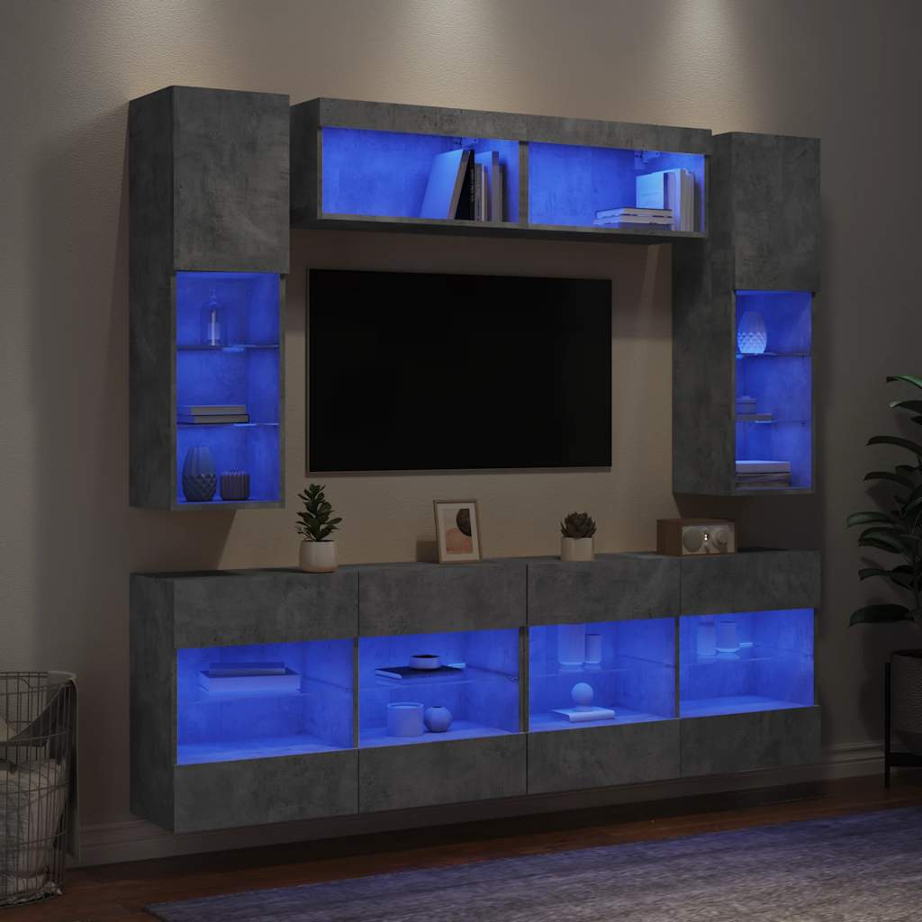 Sieninės TV spintelės su LED lemputėmis, 6vnt., betono pilkos