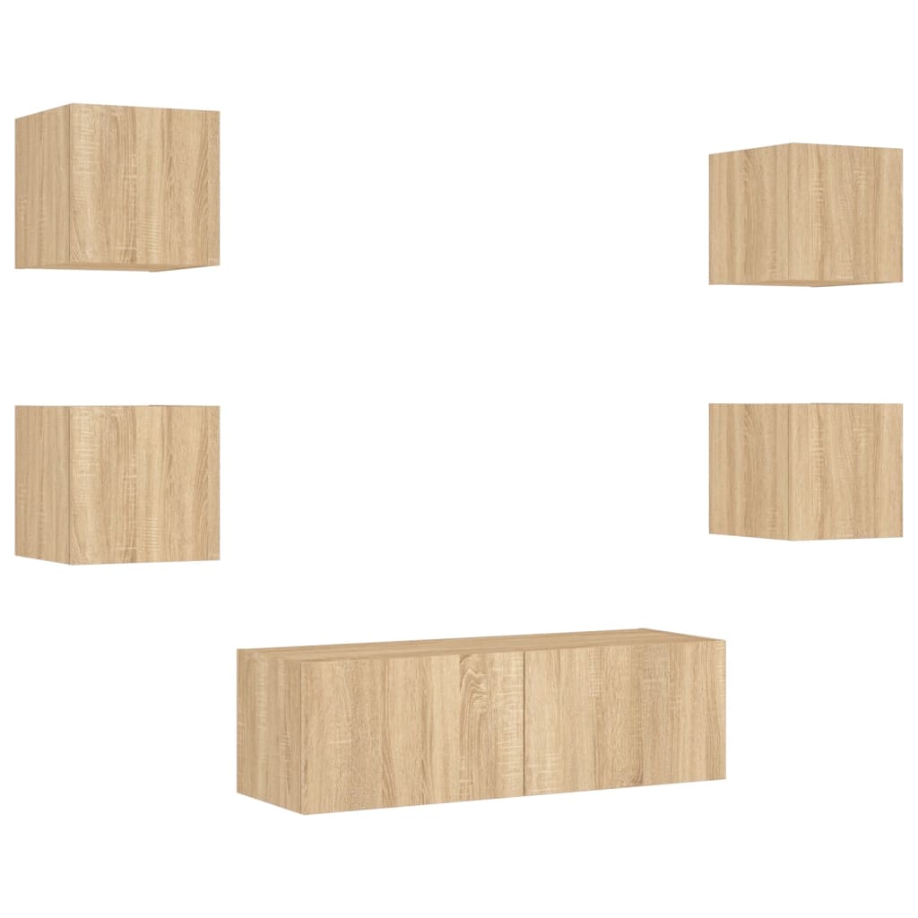 Wall-mounted TV cabinet set with LED lights, 5-piece, oak