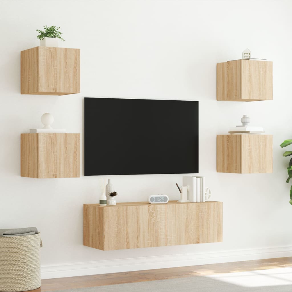 Wall-mounted TV cabinet set with LED lights, 5-piece, oak