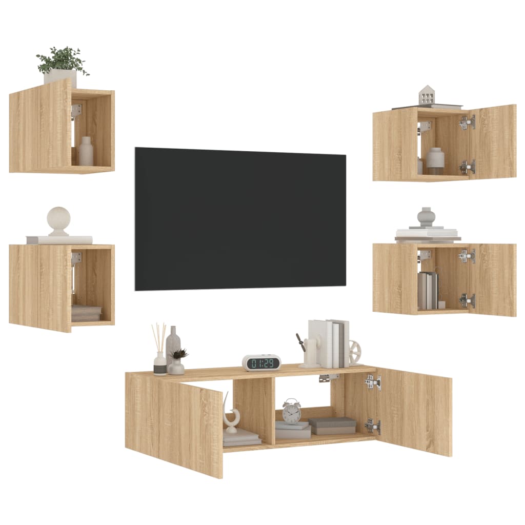 Wall-mounted TV cabinet set with LED lights, 5-piece, oak