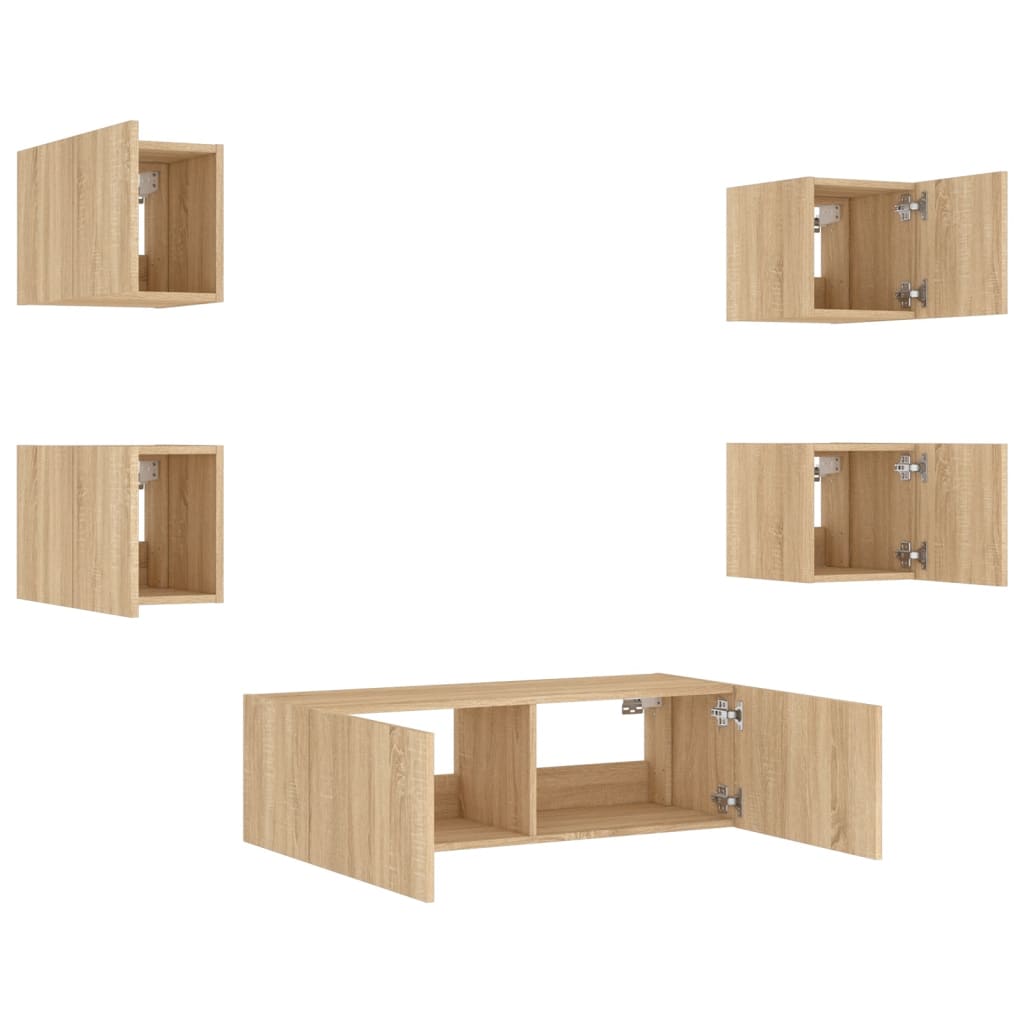 Wall-mounted TV cabinet set with LED lights, 5-piece, oak