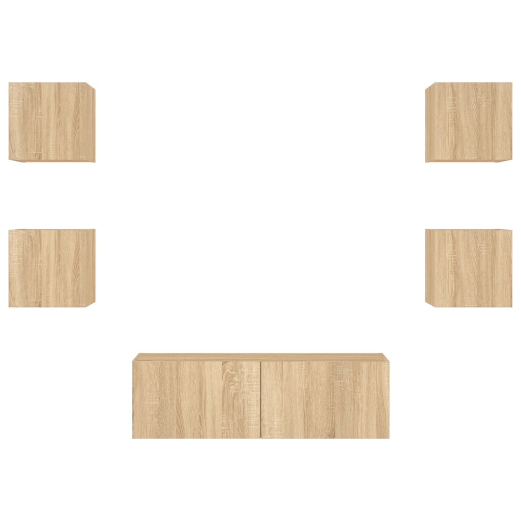 Wall-mounted TV cabinet set with LED lights, 5-piece, oak