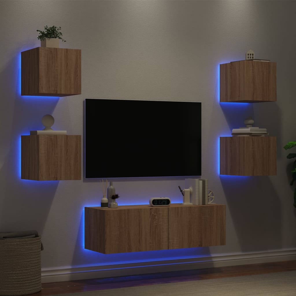 Wall-mounted TV cabinet set with LED lights, 5-piece, oak