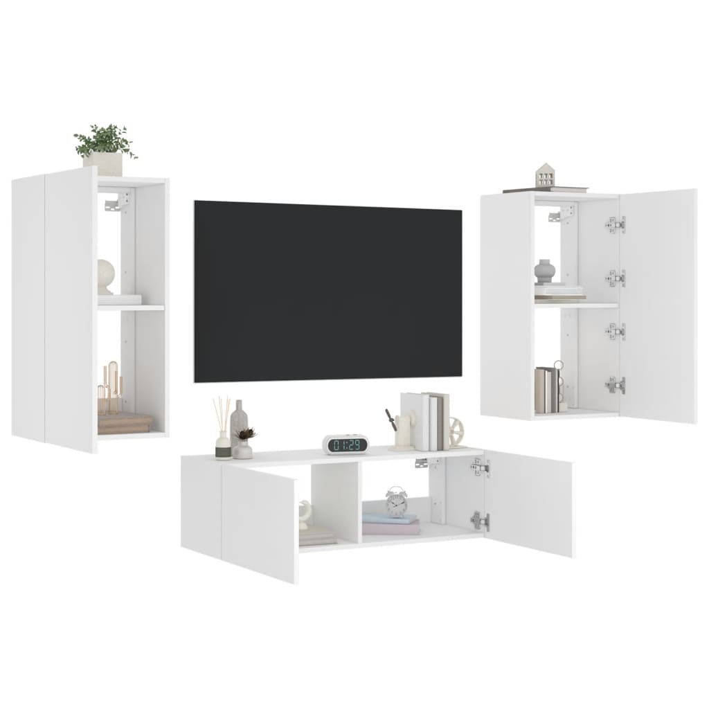 Pie sienas stiprināmi TV skapīši ar LED gaismām, 3 daļas, balti