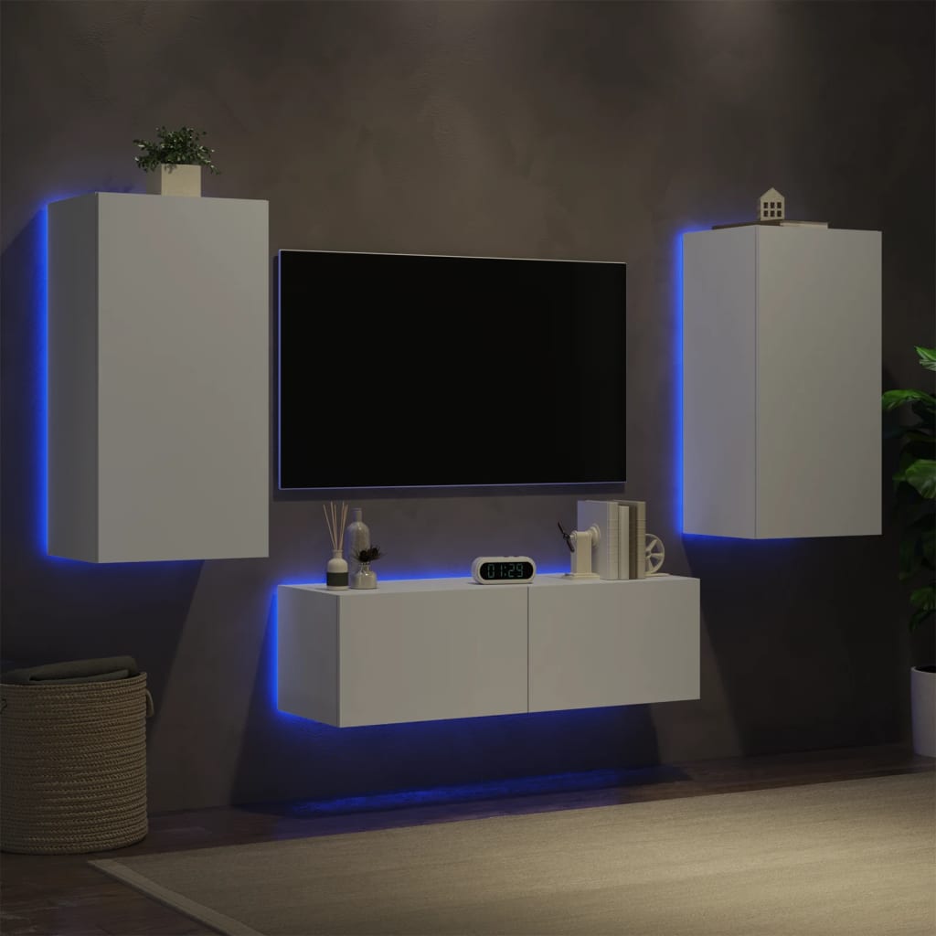 Pie sienas stiprināmi TV skapīši ar LED gaismām, 3 daļas, balti
