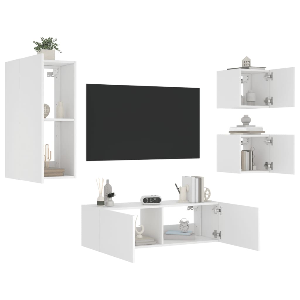 Wall-Mounted TV Cabinets with LED Lights, 4-Piece, White