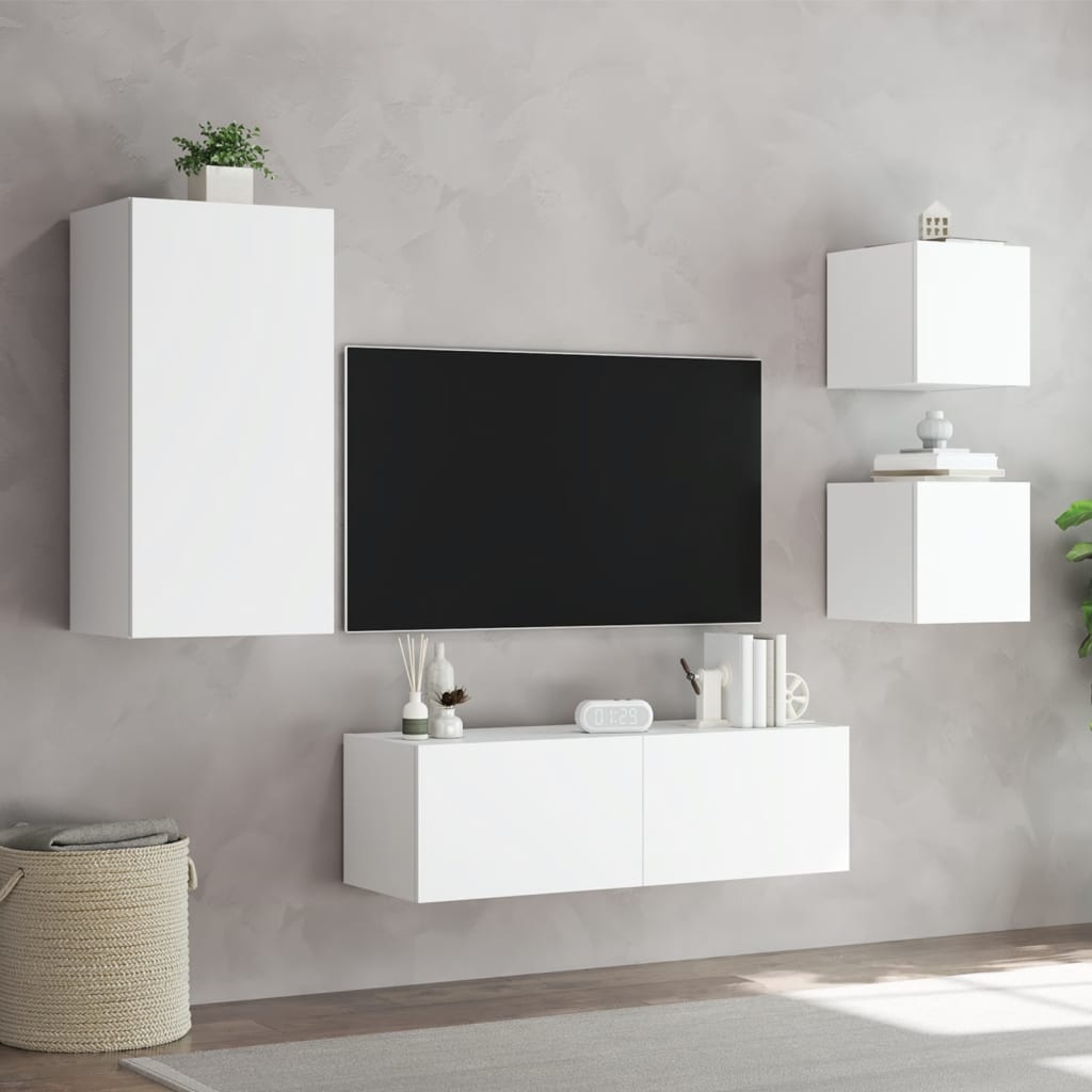 Wall-Mounted TV Cabinets with LED Lights, 4-Piece, White