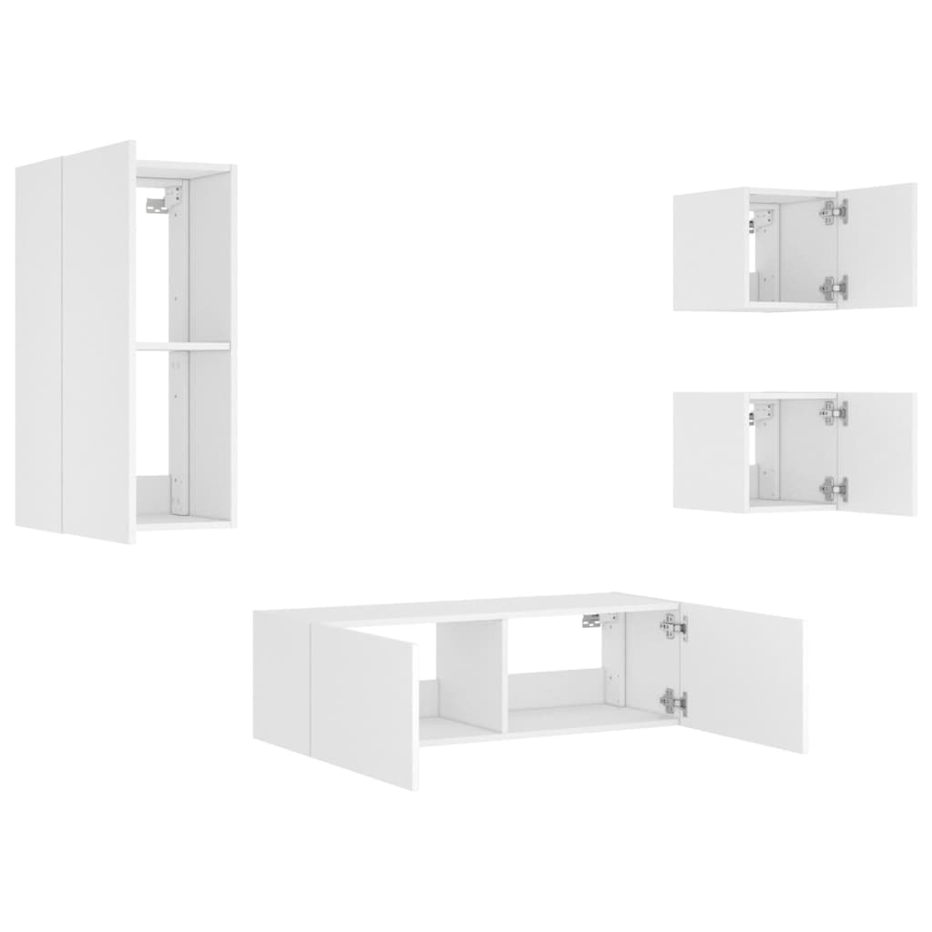 Wall-Mounted TV Cabinets with LED Lights, 4-Piece, White