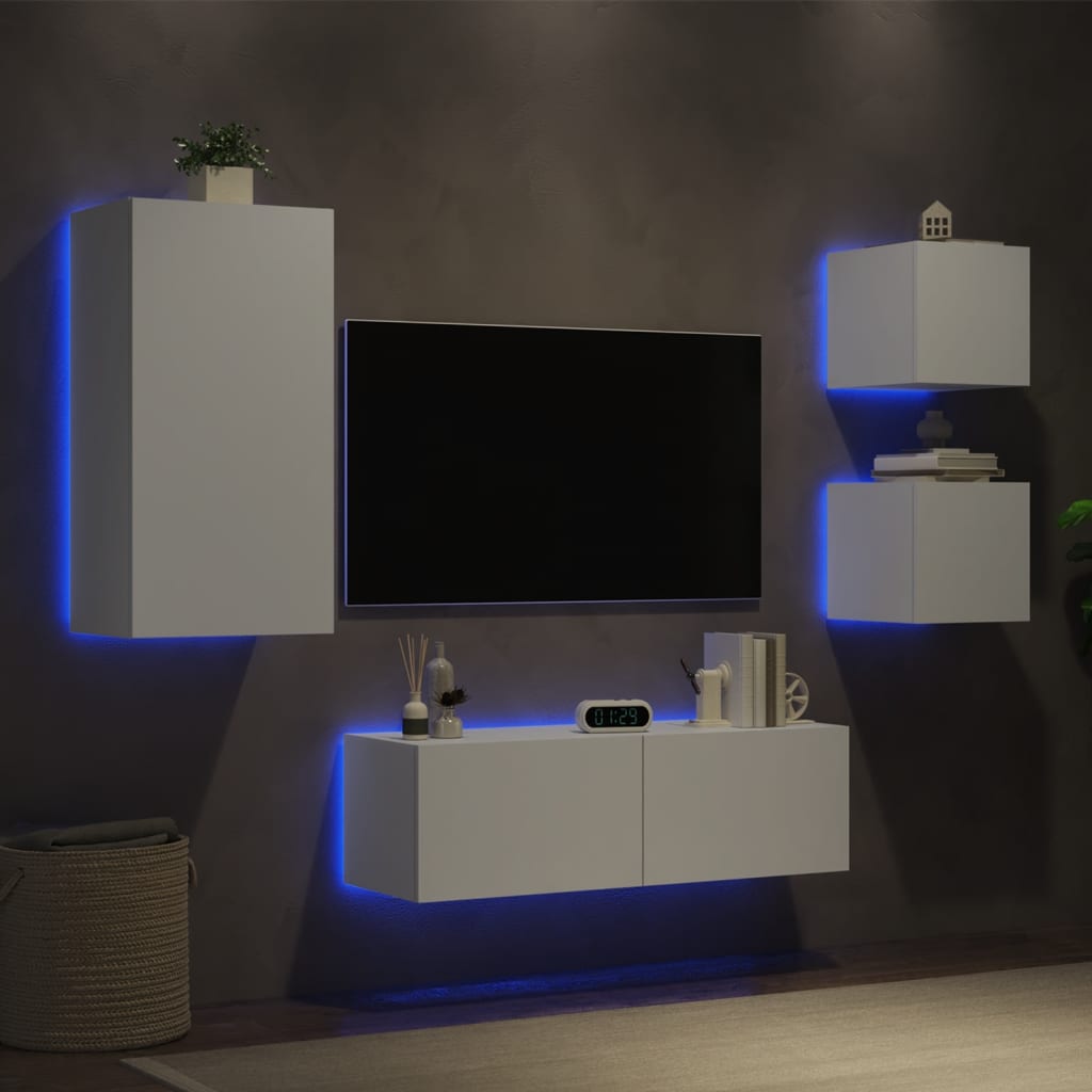 Wall-Mounted TV Cabinets with LED Lights, 4-Piece, White