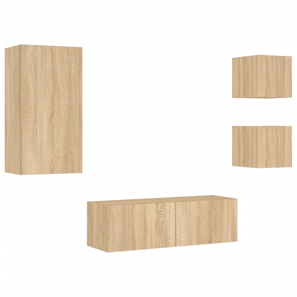 Wall-mounted TV cabinet with LED lights, 4-piece, oak