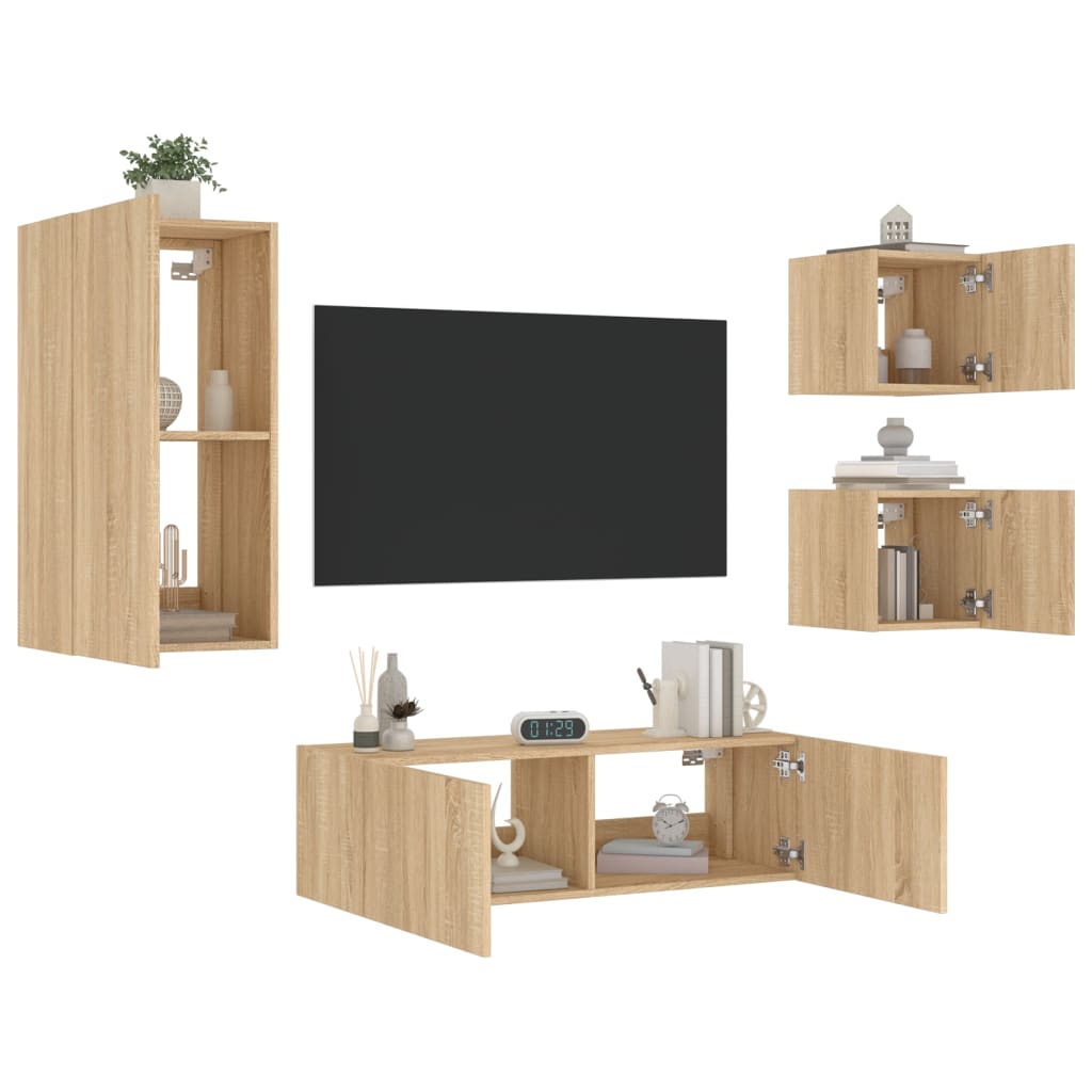 Wall-mounted TV cabinet with LED lights, 4-piece, oak