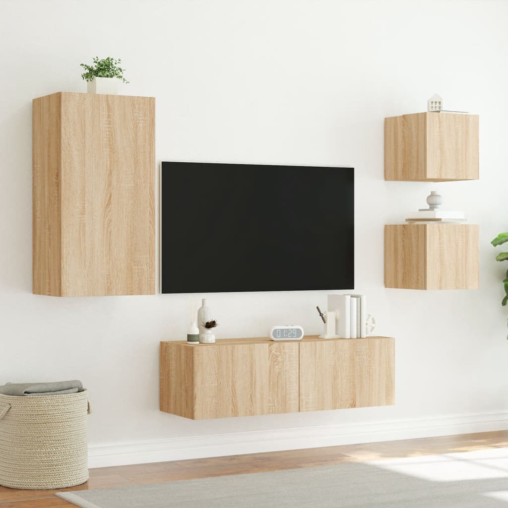 Wall-mounted TV cabinet with LED lights, 4-piece, oak