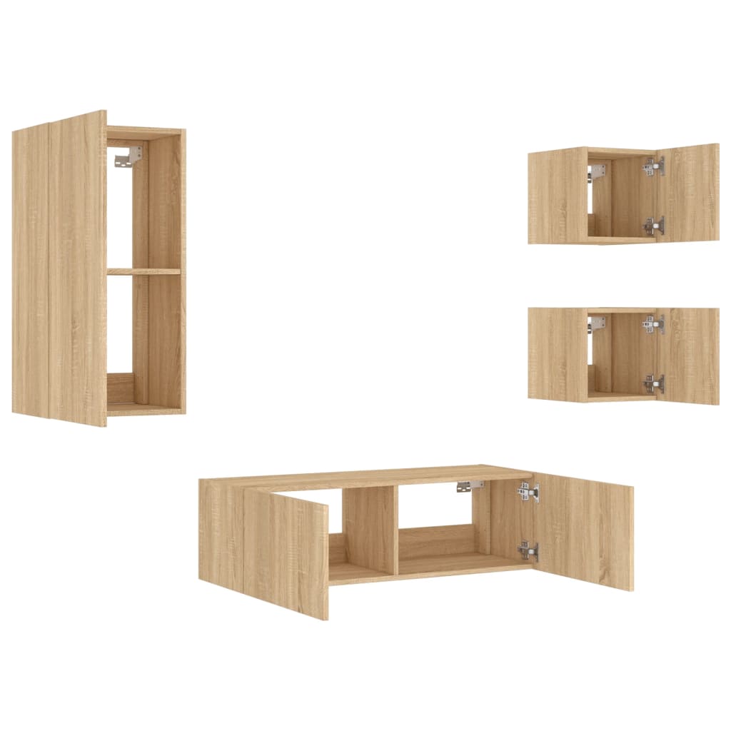 Wall-mounted TV cabinet with LED lights, 4-piece, oak
