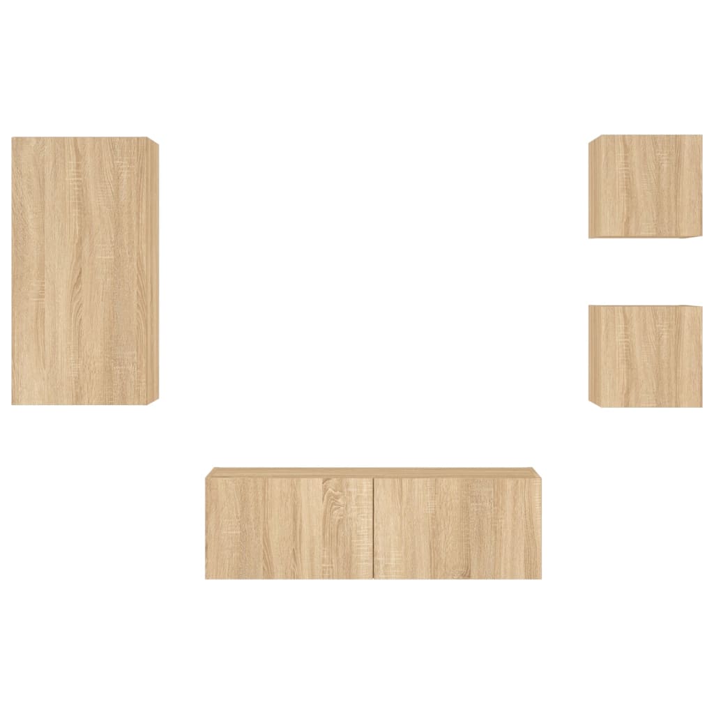 Wall-mounted TV cabinet with LED lights, 4-piece, oak