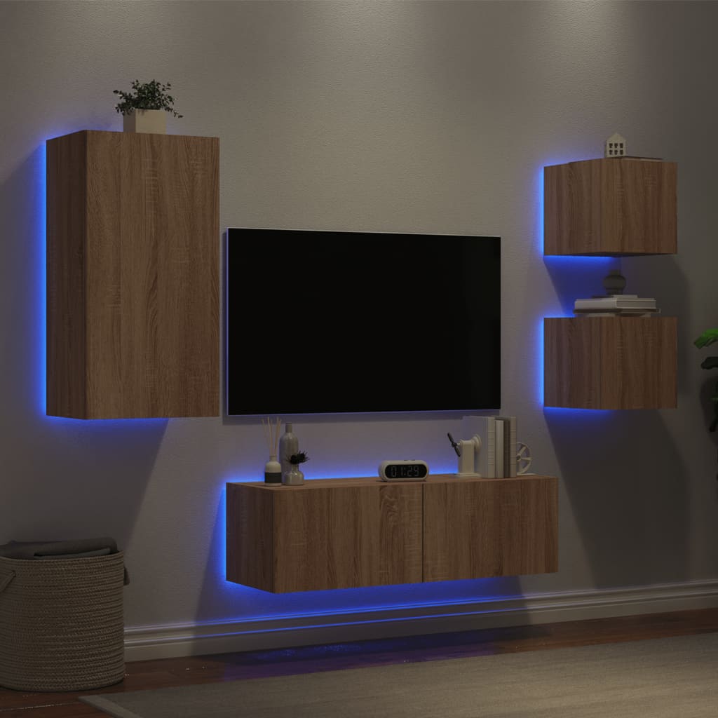 Wall-mounted TV cabinet with LED lights, 4-piece, oak