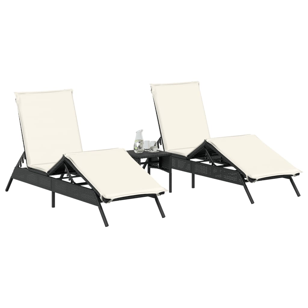 Sun loungers with table, 2 pcs., black, poly rattan