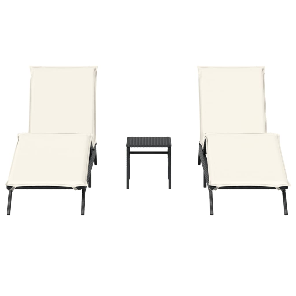 Sun loungers with table, 2 pcs., black, poly rattan