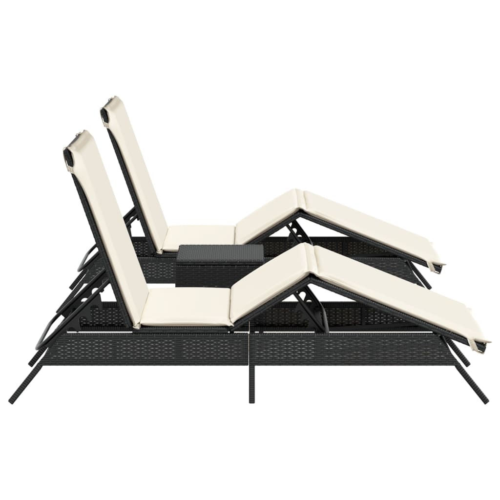 Sun loungers with table, 2 pcs., black, poly rattan