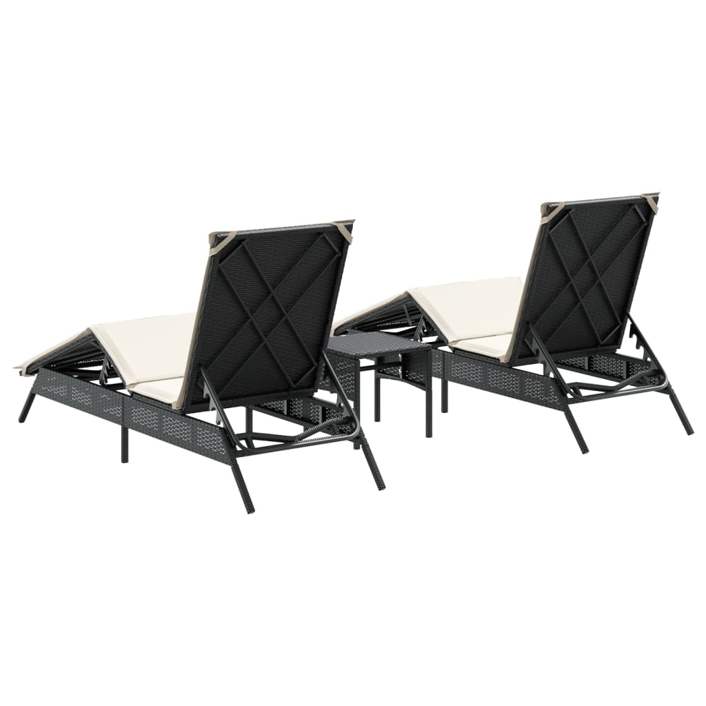 Sun loungers with table, 2 pcs., black, poly rattan