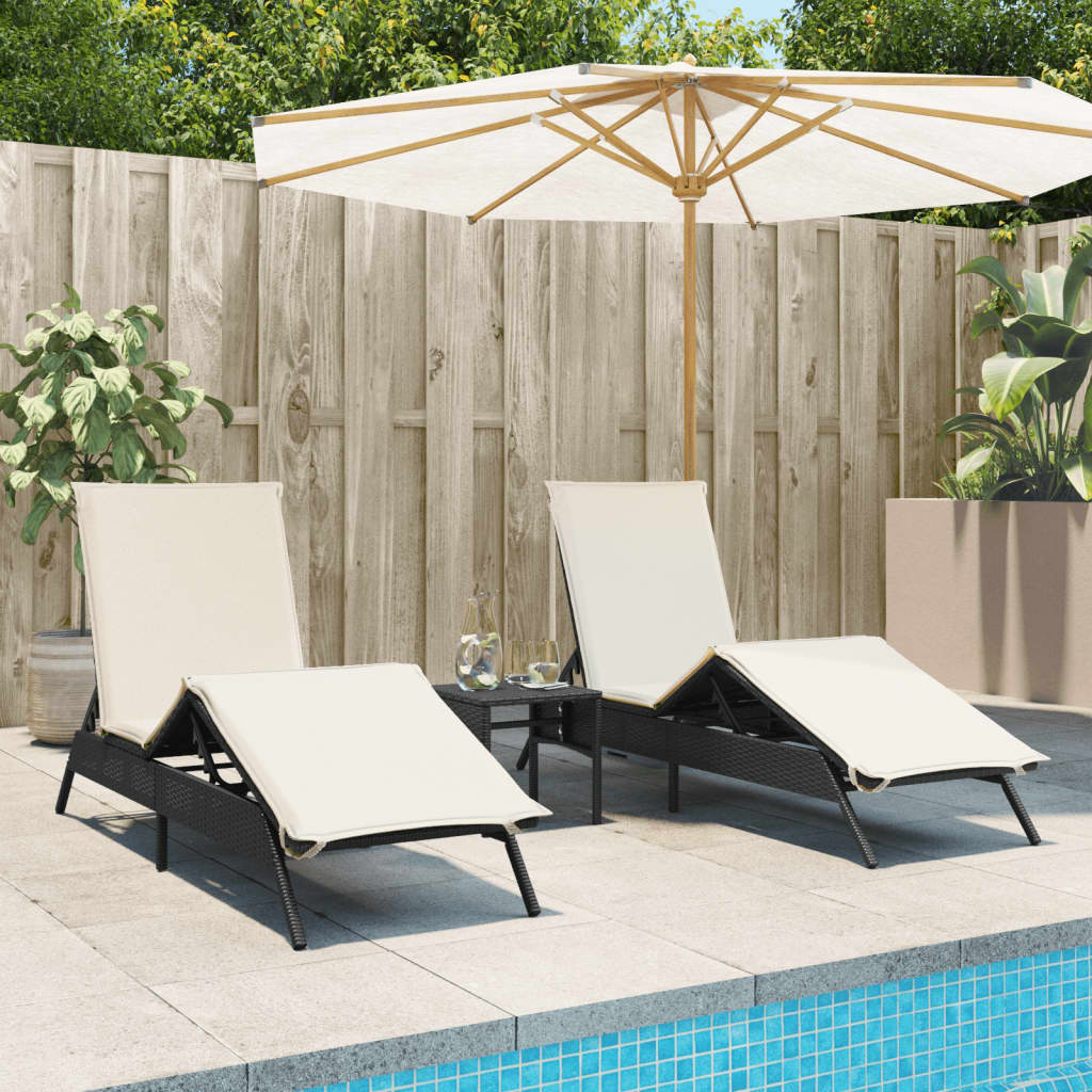 Sun loungers with table, 2 pcs., black, poly rattan