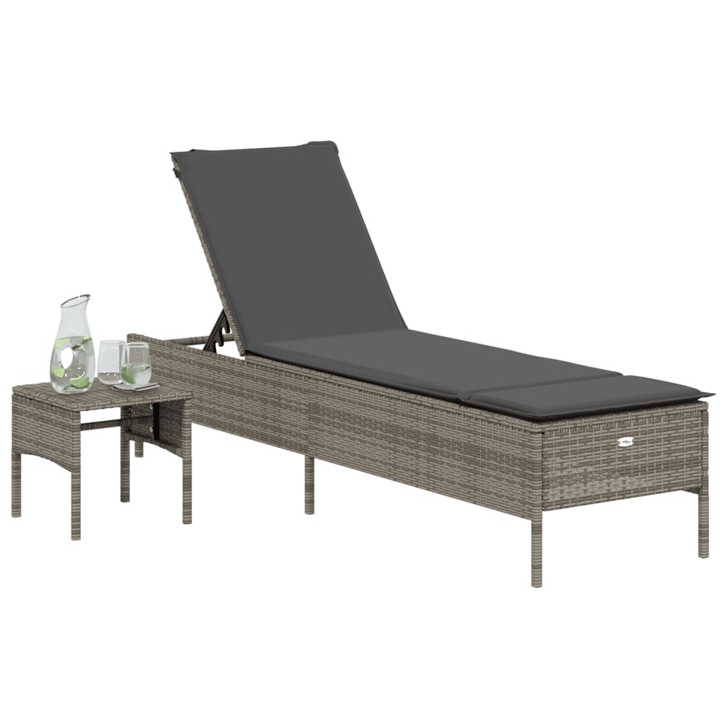 Sun Lounger with Table and Cushion, Grey, Poly Rattan