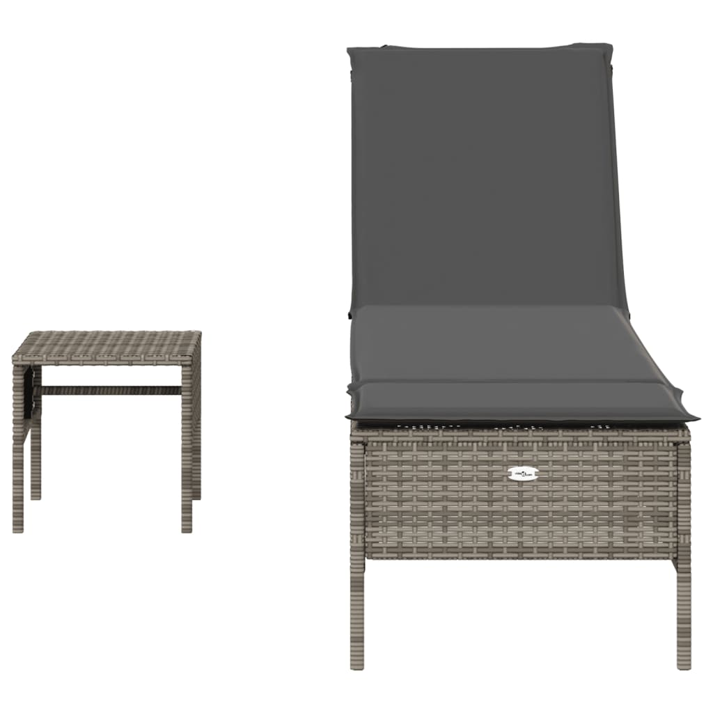 Sun Lounger with Table and Cushion, Grey, Poly Rattan