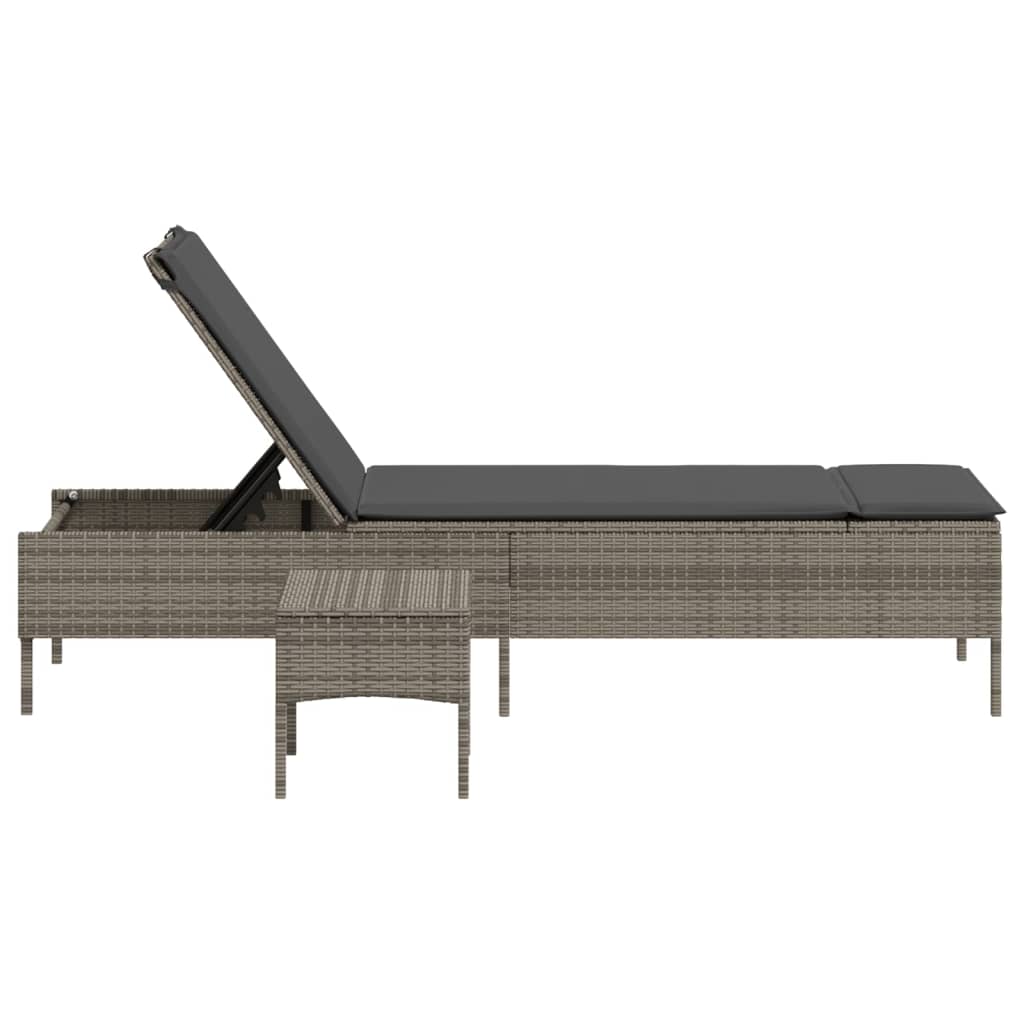 Sun Lounger with Table and Cushion, Grey, Poly Rattan