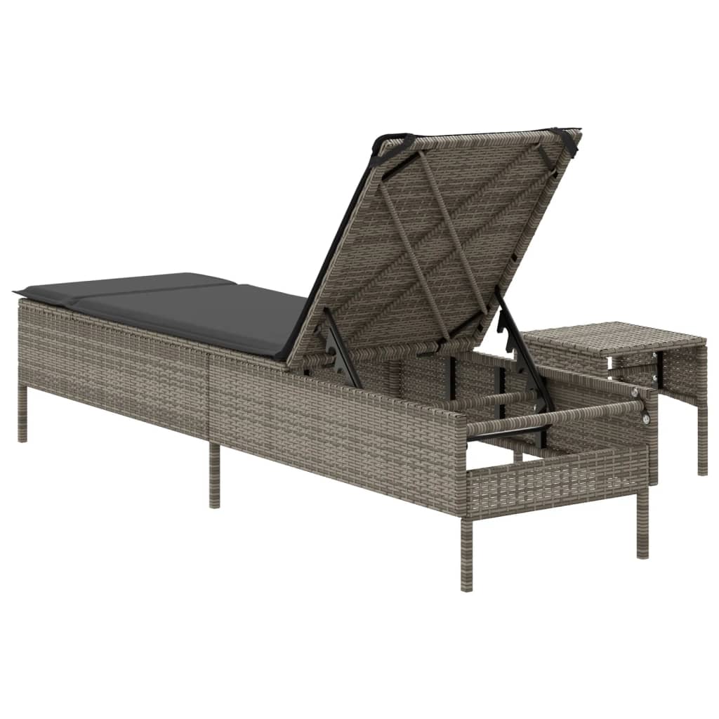 Sun Lounger with Table and Cushion, Grey, Poly Rattan