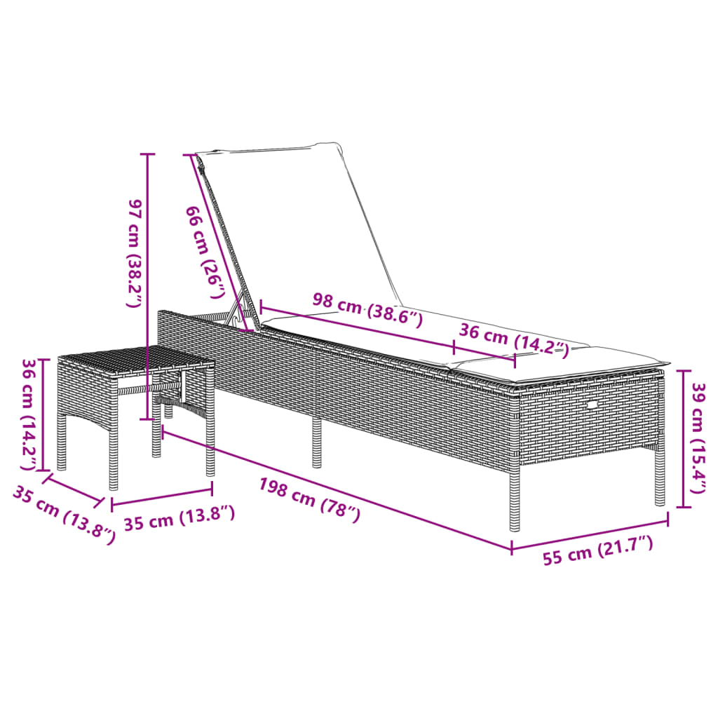 Sun Lounger with Table and Cushion, Grey, Poly Rattan