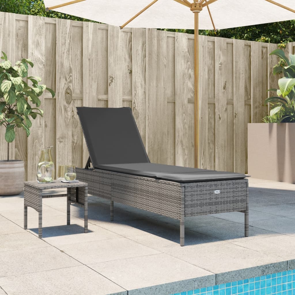 Sun Lounger with Table and Cushion, Grey, Poly Rattan