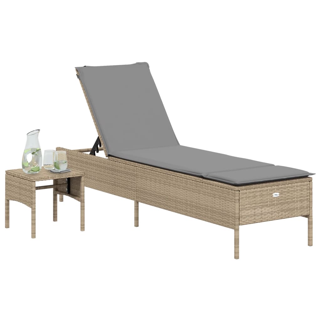 Sun lounger with a table and cushions, sand, poly rattan