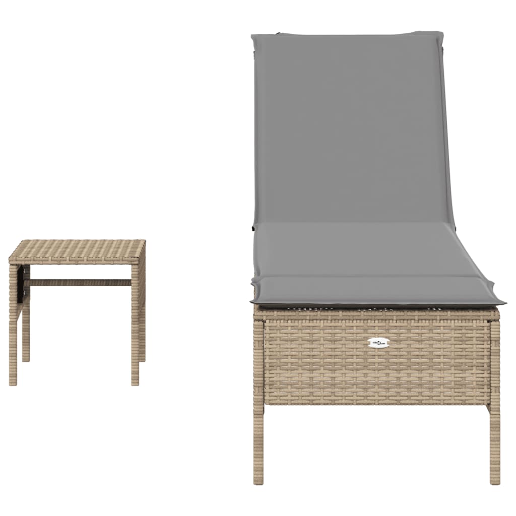 Sun lounger with a table and cushions, sand, poly rattan