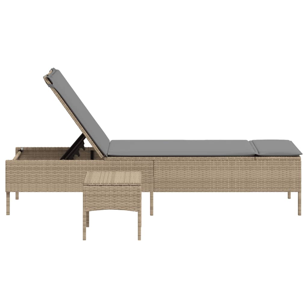 Sun lounger with a table and cushions, sand, poly rattan