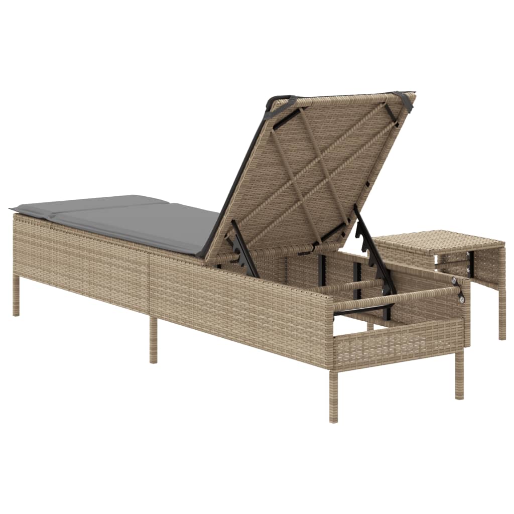 Sun lounger with a table and cushions, sand, poly rattan