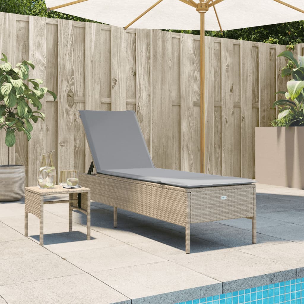 Sun lounger with a table and cushions, sand, poly rattan