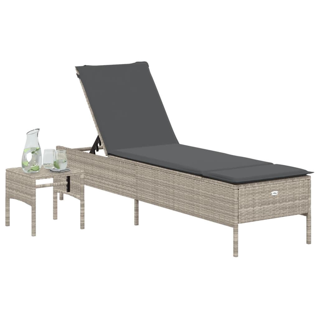 Sun lounger with table and cushions, grey, poly rattan
