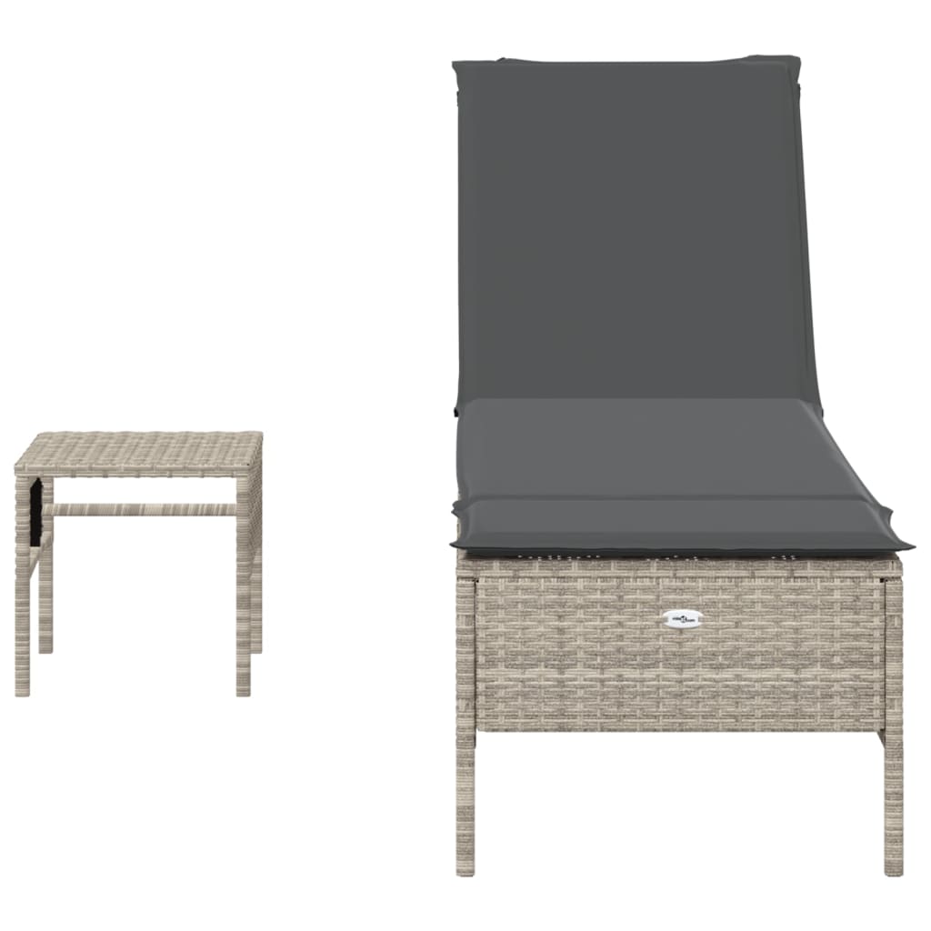 Sun lounger with table and cushions, grey, poly rattan