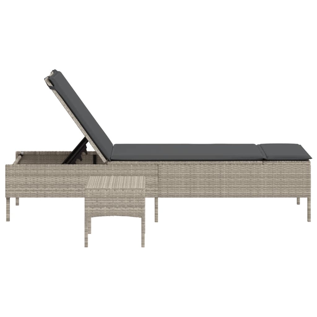 Sun lounger with table and cushions, grey, poly rattan