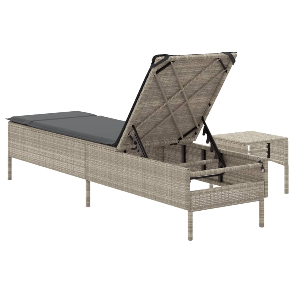 Sun lounger with table and cushions, grey, poly rattan