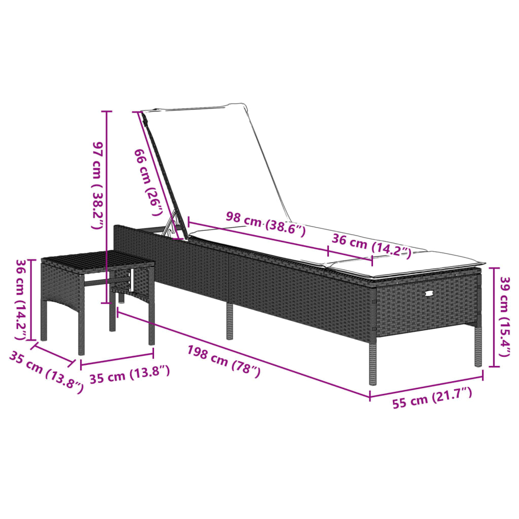 Sun lounger with table and cushions, grey, poly rattan
