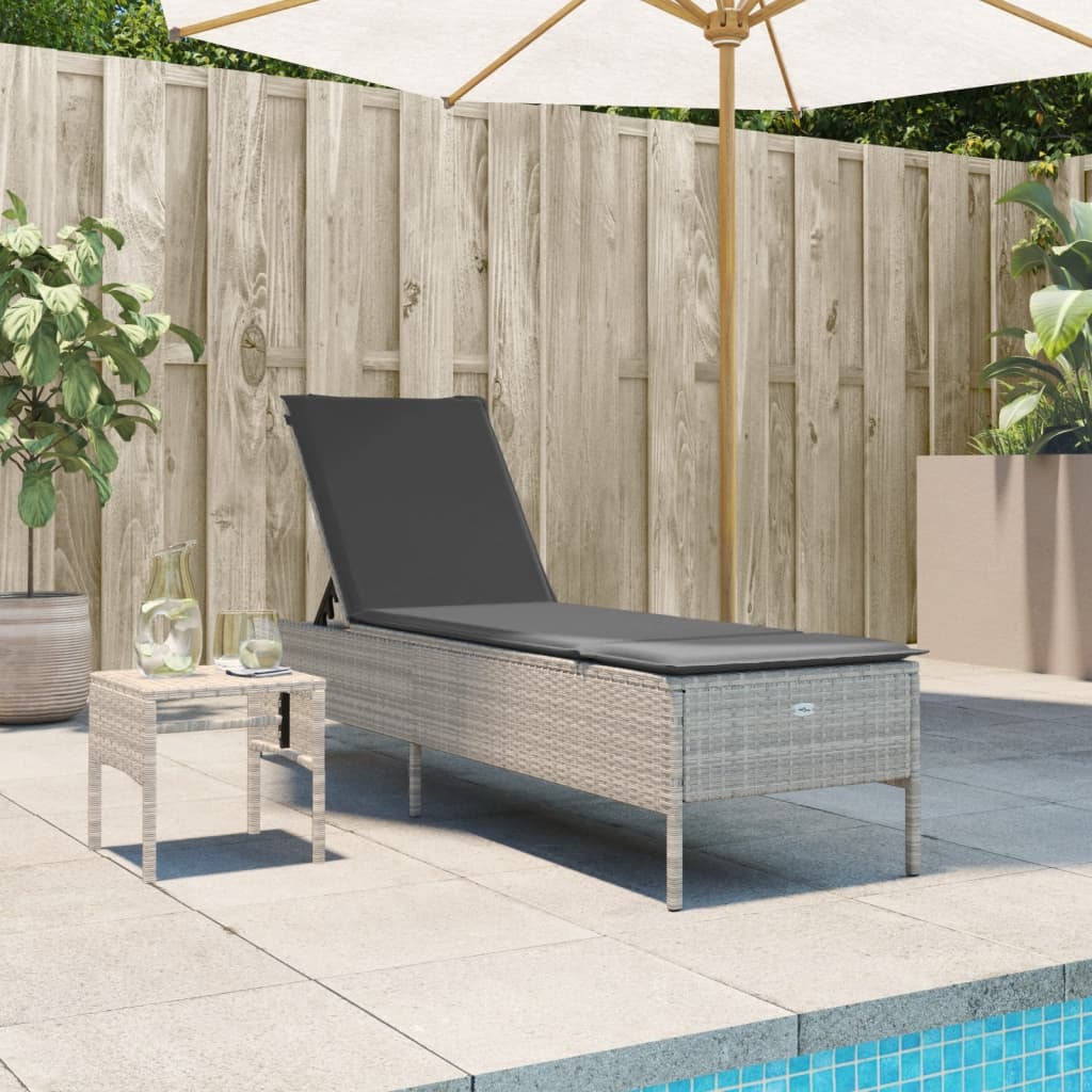 Sun lounger with table and cushions, grey, poly rattan