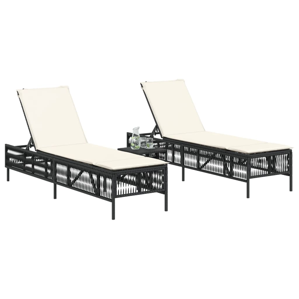 Sun loungers with table, 2 pcs., black, poly rattan