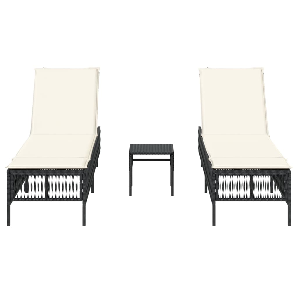 Sun loungers with table, 2 pcs., black, poly rattan