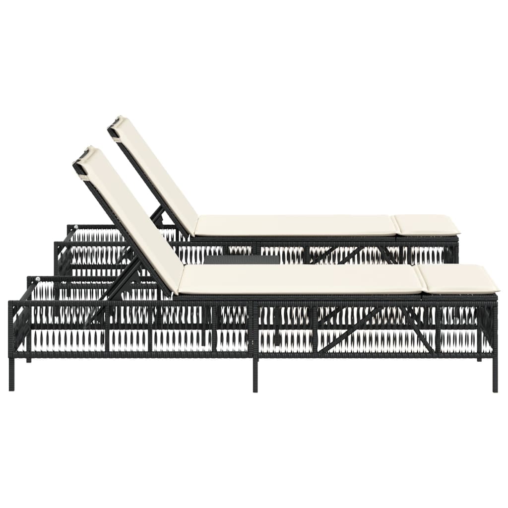 Sun loungers with table, 2 pcs., black, poly rattan