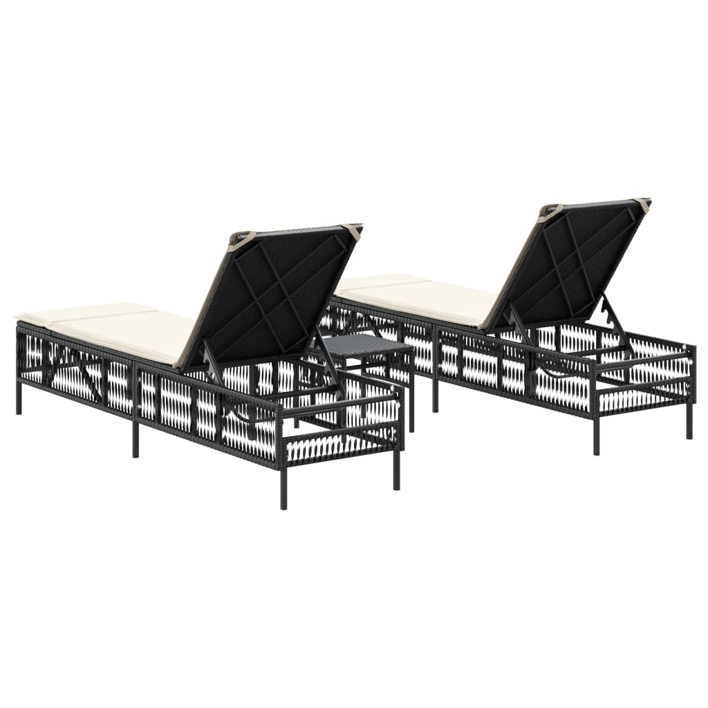 Sun loungers with table, 2 pcs., black, poly rattan