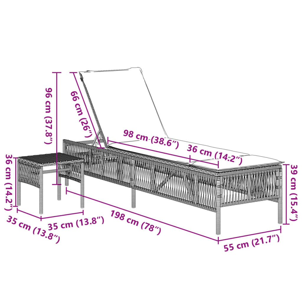 Sun loungers with table, 2 pcs., black, poly rattan